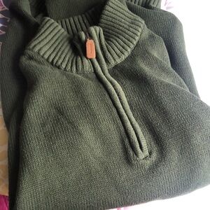 Long sleeve partial zip mens sweater. Army green in color.